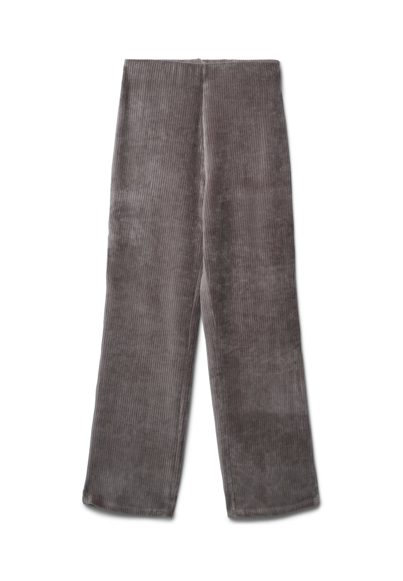 Graue Cord-Canvas-Hose mit weit geschnittenem Bein und vertikaler Rippstruktur, ausgestattet mit einer glatten Oberfläche und einem geraden Schnitt vom Bund bis zum Saum.
