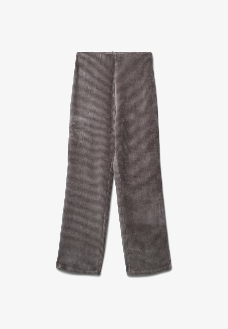 Graue Cord-Canvas-Hose mit weit geschnittenem Bein und vertikaler Rippstruktur, ausgestattet mit einer glatten Oberfläche und einem geraden Schnitt vom Bund bis zum Saum.