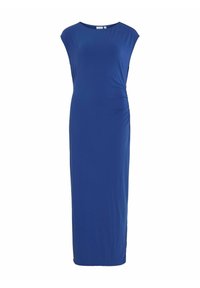 Długa, dopasowana sukienka w głębokim niebieskim kolorze, wykonana z gładkiego materiału. Posiada krótkie rękawy i marszczony detal z boku. Długość do podłogi.