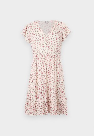 Κρεμ φόρεμα μήκους μέχρι το γόνατο με ροζ λουλουδένιο μοτίβο, V-λαιμόκοψη, κοντά ανθρακονήματα, συλλεγμένη μέση και βολάν στο τελείωμα.