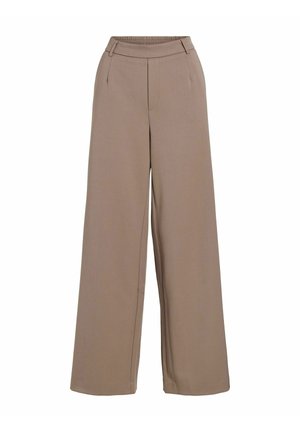 Pantalons larges beige avec une taille élastique haute, des poches latérales et des plis centraux, fabriqués dans un tissu lisse et léger.