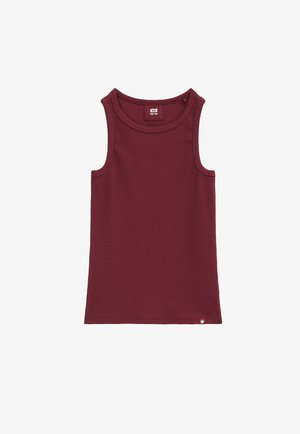 Mouwloze geribde tanktop in donkerrood met ronde hals en een klein sterretjeslabel dicht bij de zoom, maatlabel 122/128 binnen in de kraag.