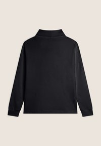 Pullover nero a maniche lunghe con colletto alto, caratterizzato da una texture liscia e una vestibilità rilassata. I polsini e l'orlo sono rifiniti con tessuto abbinato.