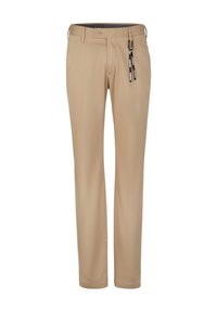 Beige Hosen mit geradem Bein, ausgestattet mit einem Knopfverschluss, seitlichen Taschen und dekorativen Zugbändern mit metallischen Akzenten.