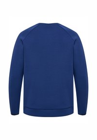 Felpa semplice blu a maniche lunghe con scollo rotondo e polsini e orlo a coste, vista da dietro.