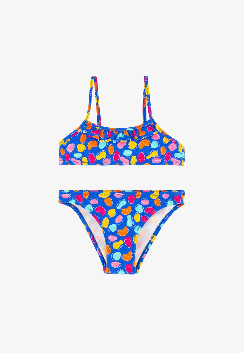 Bañador de dos piezas azul con formas abstractas coloridas en naranja, rosa, amarillo y azul claro tanto en la parte superior como en la inferior.