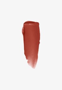 Échantillon de rouge à lèvres mat dans une teinte brun-rouge chaud avec une texture lisse et crémeuse et un léger éclat, appliqué en coup diagonal.