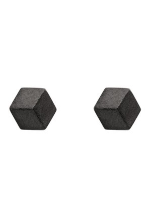 Twee kleine zwarte hexagonale kubussen met een gestructureerd oppervlak, naast elkaar geplaatst op een witte achtergrond.