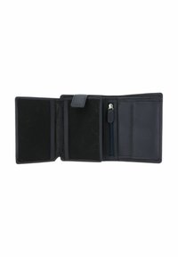 Portefeuille trifold en cuir noir ouvert, montrant plusieurs emplacements pour cartes, une poche à pièces zippée et un rabat à fermeture pression sur fond blanc.