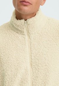 Giacca in pile color crema con colletto alto e chiusura a mezza zip. Materiale morbido e testurizzato con un aspetto soffice. Senza motivi visibili.