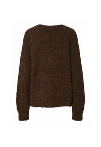 Tumepruun, pika varrukaga karvane kudumispullover ümmarguse kaelusega, nähtud tagant.