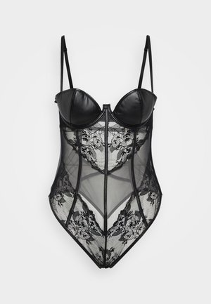 Schwarzer Badeanzug mit gepolsterten Cups, ausgestattet mit transparenter Mesh- und floralen Spitze-Details, verstellbaren Trägern und einer enganliegenden Silhouette.