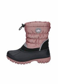 Wasserdichter Winterstiefel mit gepolstertem rosa Oberteil, schwarzem Gummiteil unten, grauen Akzenten und rosa profilierter Sohle. Mit Kordelzugverschluss.