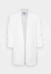 White blazer made of smooth fabric, featuring a shawl collar, rolled three-quarter sleeves, and two front pockets.