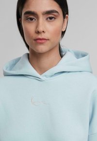 Svetlomodrá mikina s kapucňou z jemného materiálu, s prednou vreckom a vyšitým logom v kurzíve na hrudi. Obsahuje kapucňu so šnúrkou.