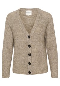Cardigan a maglia beige con scollatura a V, sei bottoni neri sulla parte anteriore e maniche lunghe. Tessuto morbido con vestibilità leggermente loose.