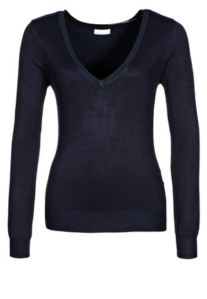 Pull ajusté bleu marine à manches longues avec col en V, poignets et ourlet côtelés.
