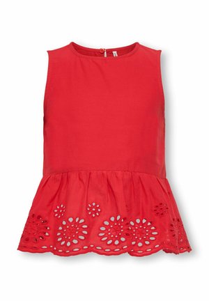 Haut sans manches rouge avec encolure ronde et ourlet festonné présentant des détails de broderie découpée florale.