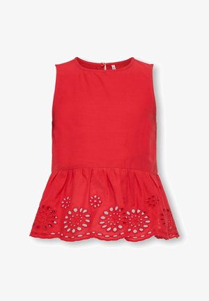 Haut sans manches rouge avec encolure ronde et ourlet festonné présentant des détails de broderie découpée florale.