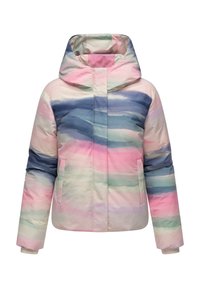 Veste matelassée avec un motif aquarelle multicolore dans les tons de rose, bleu et vert. Dotée d'une capuche et de poches latérales.