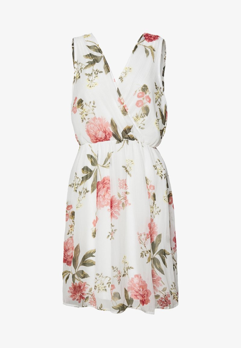 Robe blanche sans manches avec un col en V et des imprimés floraux roses avec des feuilles vertes, taille froncée et jupe fluide.