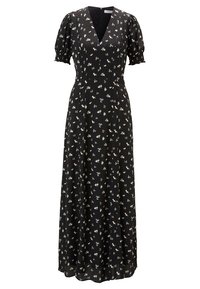 Svart maxiklänning med korta puffärmar, V-ringning och blommönster i pastellfärger. Tillverkad av lätt tyg med en flödande design.