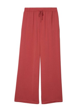 Pantalones de pierna ancha color óxido con cintura elástica y cierre con cordón, hechos de una tela texturizada.