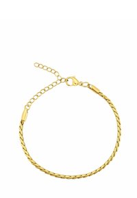 Goldfarbener, gedrehter Kettenarmreif mit einem Karabinerverschluss. Verfügt über eine filigrane Kettenverlängerung für eine verstellbare Länge. Glatte Textur, glänzende Oberfläche.