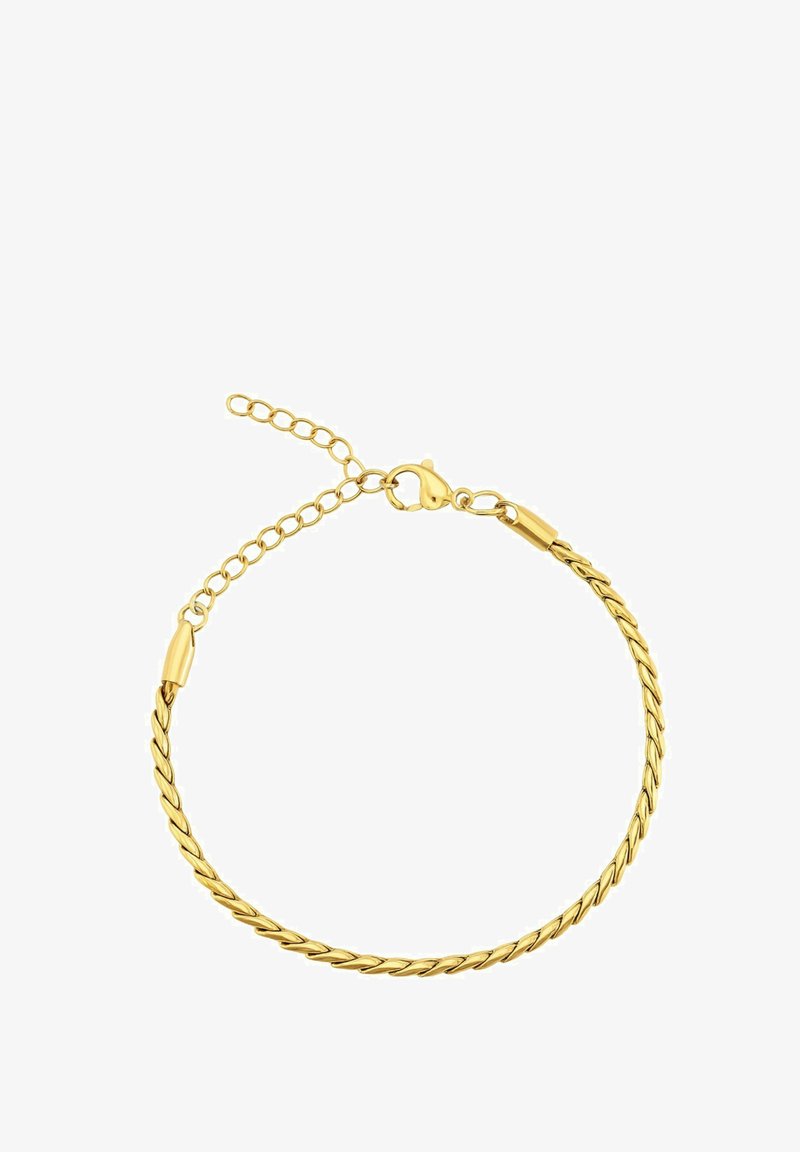 Goldfarbener, gedrehter Kettenarmreif mit einem Karabinerverschluss. Verfügt über eine filigrane Kettenverlängerung für eine verstellbare Länge. Glatte Textur, glänzende Oberfläche.