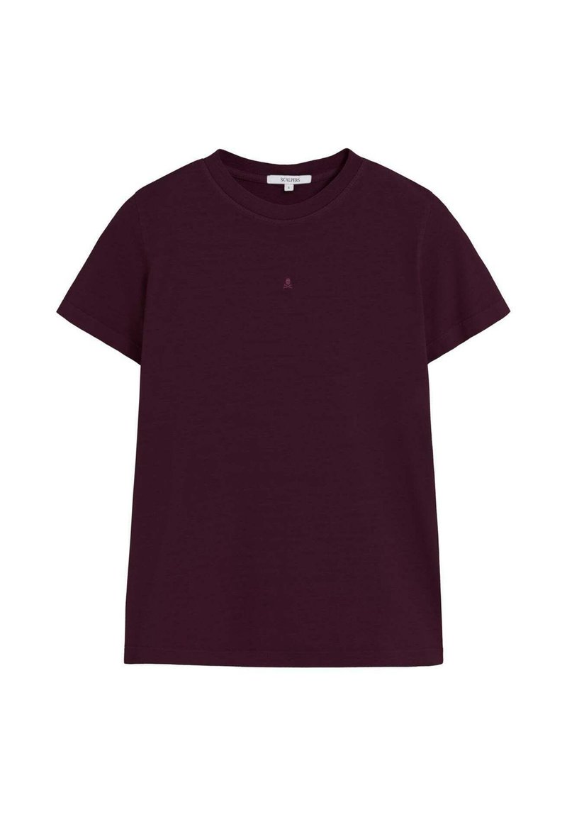 Bordeaux t-shirt met korte mouwen, gemaakt van zachte katoen, met een subtiele logo-borduring op de borst, in een ontspannen pasvorm en ronde halslijn.