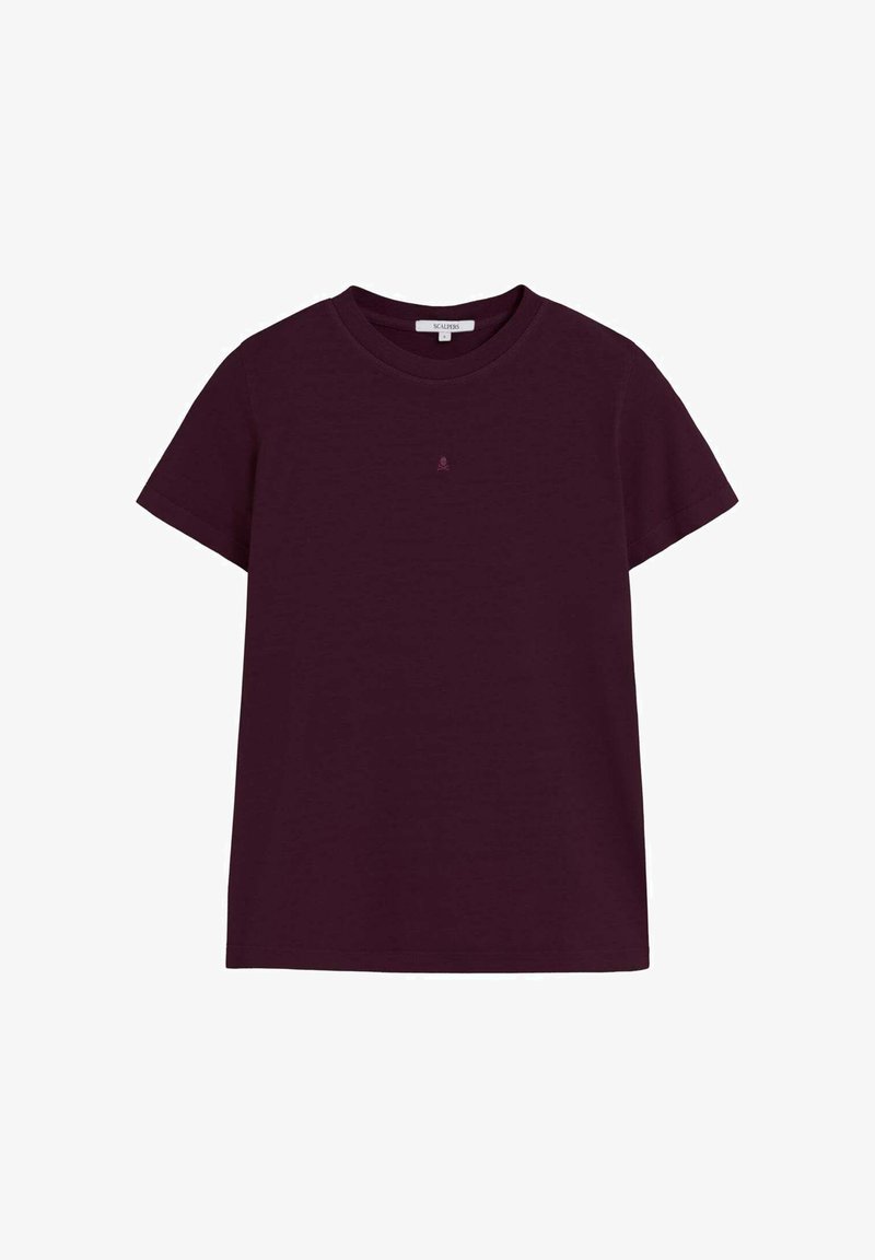 T-shirt a maniche corte bordeaux realizzato in morbido cotone, con un delicato ricamo del logo sul petto, dal taglio relaxed e scollatura rotonda.