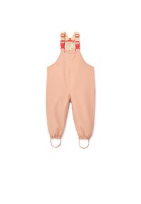 Οι ολόσωμες φόρμες σε ροδακινί χρώμα διαθέτουν ρυθμιζόμενους ιμάντες με κόκκινα μεταλλικά στοιχεία, ελαστικές μανσέτες και λουράκια για τα πόδια για επιπλέον ασφάλεια. Ομαλή υφή υφάσματος.