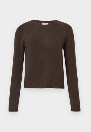 Mørkebrun langærmet strikketrøje med ribbede manchetter og kant, med en rund halsudskæring og en "From Future" mærkat indeni kraven.