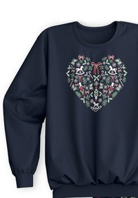 Navy blue sweatshirt with a heart-shaped graphic featuring festive elements like bows, snowflakes, and candy canes in green and red.