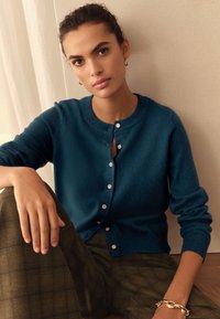 Ogrlica iz džemprja v barvi modre zelene z okroglim izrezom in zapiranjem na gumbe, združena z olivno karirastimi hlačami. Gladek tekstura in oprijet kroj.