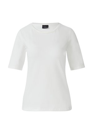 T-shirt bianco a maniche corte con scollatura rotonda, realizzato in tessuto liscio. Design semplice senza motivi o decorazioni visibili.