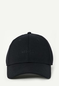 Czarna czapka wykonana z teksturowanej tkaniny, z okrągłą koroną, zakrzywionym daszkiem i wytłoczonym logo. Czysty, minimalistyczny design.