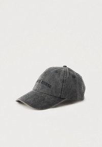 Dark gray washed cotton baseball cap with curved brim and "CARPE DIEM" embroidered on front left side.