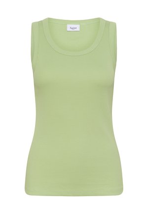 Débardeur vert à côtes avec un col rond et un design sans manches. Texture lisse et silhouette ajustée. Étiquette : "Saint."