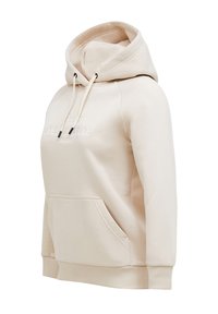 Beige hoodie met voorkangoeroezak, trekkoordkap en subtiel geborduurd "Peak Performance" logo op de borst.
