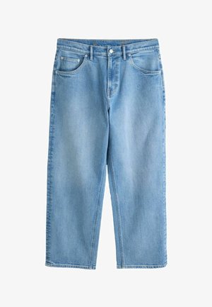 Jeans denim azzurro chiaro a gamba dritta con bottone e cerniera frontale, passanti per cintura e cinque tasche.