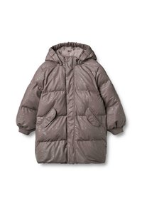 Cappotto grigio imbottito con cappuccio, caratterizzato da un motivo stellato lucido, polsini elasticizzati e due tasche laterali. Design cucito per calore e durata.