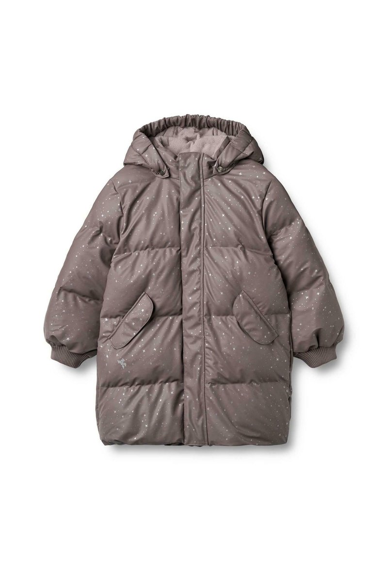 Cappotto grigio imbottito con cappuccio, caratterizzato da un motivo stellato lucido, polsini elasticizzati e due tasche laterali. Design cucito per calore e durata.
