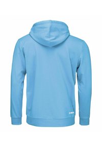 Felpa blu chiaro con cappuccio regolabile, maniche lunghe e polsini a coste. Presenta un logo sull'orlo inferiore. Tessuto morbido al tatto.