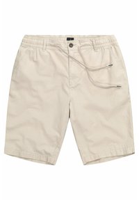 Shorts beiges en tissu doux avec taille élastique et cordon de serrage. Comprend deux poches latérales et une coupe décontractée à la longueur du genou.