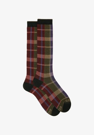 Calze a lunghezza ginocchio a scacchi con una miscela di colori bordeaux, verde, viola e beige. Texture morbida con accenti di verde scuro alla caviglia e sulla punta.
