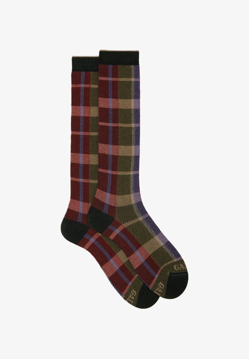Calze a lunghezza ginocchio a scacchi con una miscela di colori bordeaux, verde, viola e beige. Texture morbida con accenti di verde scuro alla caviglia e sulla punta.