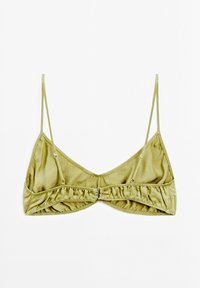 Oliven grøn bralette med justerbare spaghettistoftanikker, samlet stof og en metalklips foran. Blød, glat tekstur uden polstring.