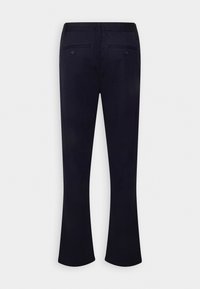 Navy blue flared pants with a soft texture, elastic waistband, and two back pockets with button closures. Back view shown.