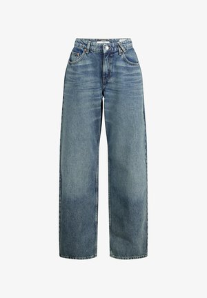 Jeans in denim azzurro chiaro a gamba larga con vita alta, cinque tasche e chiusura a zip. Presentano una leggera scoloritura e orlo pulito.